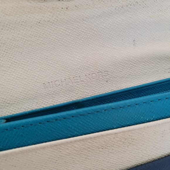 Michael Kors MK Navy Blue Color Block Wallet Clutch Large Logo Saffiano Leather - Picture 6 of 12